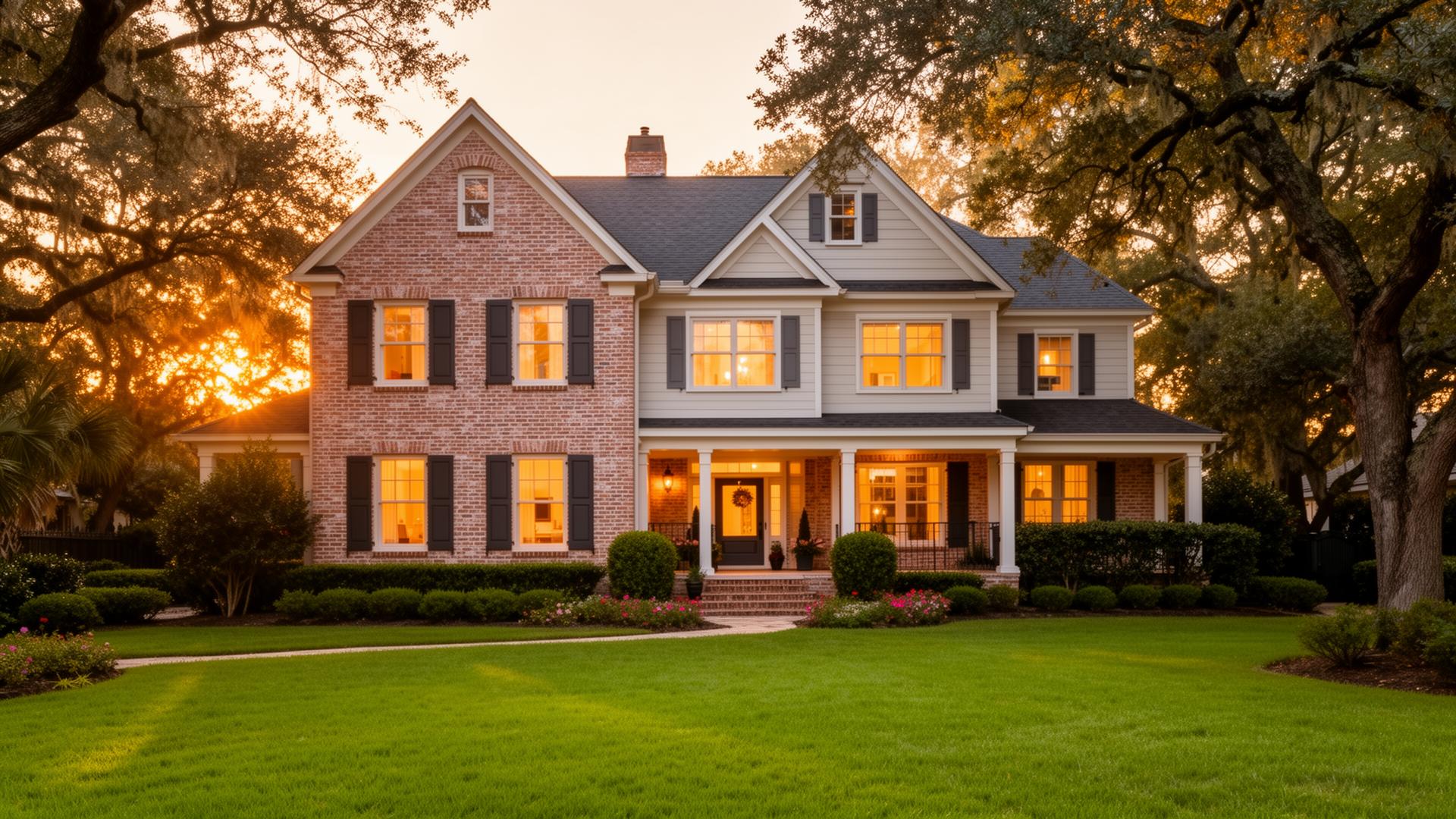 A beautifully kept Southern home at golden hour